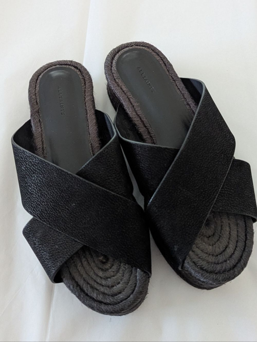 AllSaints Harlem Black Leather Platform Espadrille Sandals - Picture 5 of 13
